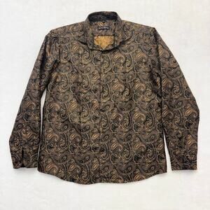 Barry Wang Dress Shirt Gold Jacquard Paisley Print Silk Blend Men's Size L